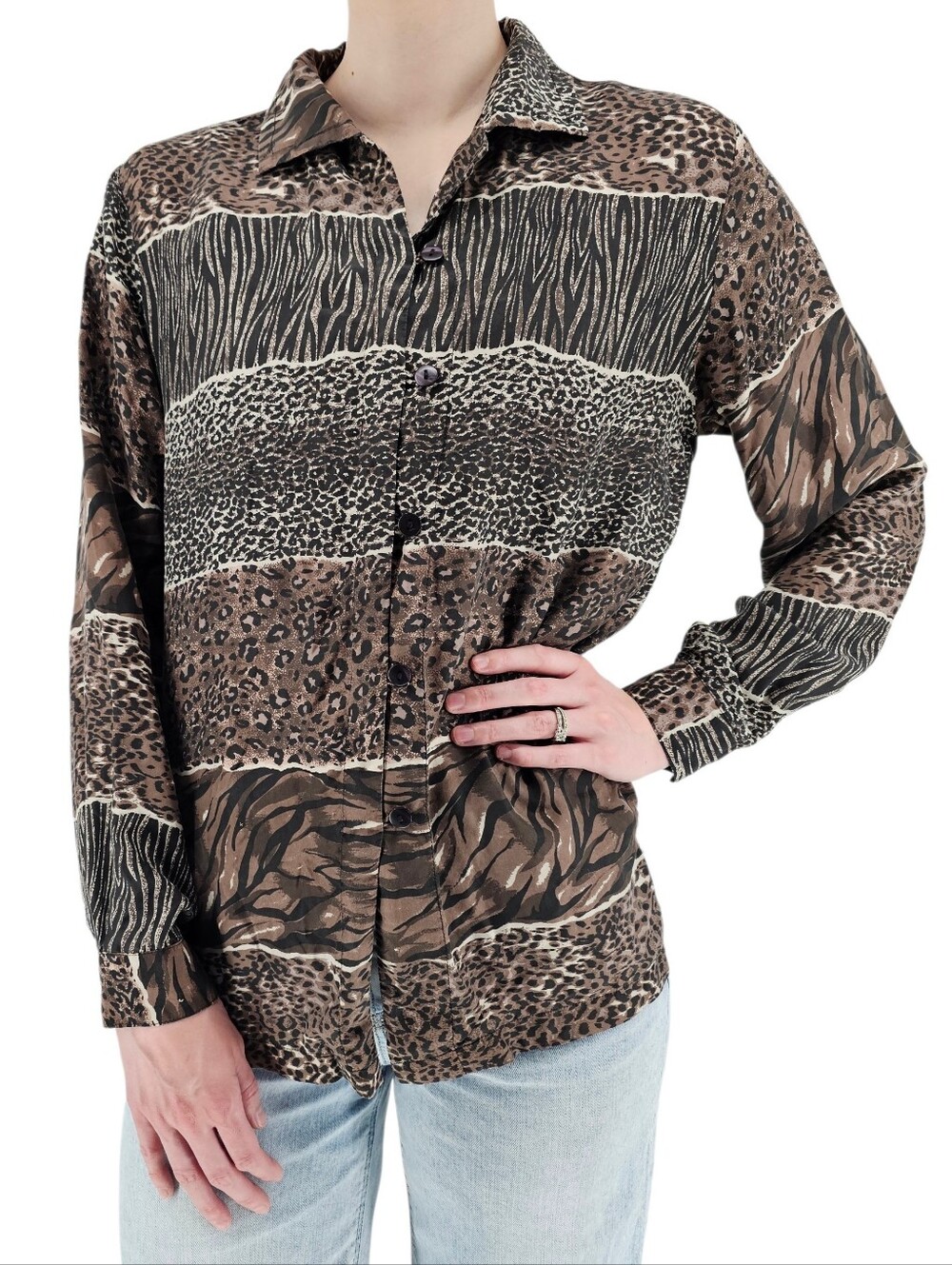 Vintage STUNT 100% Silk Animal Print Button Front Blouse M